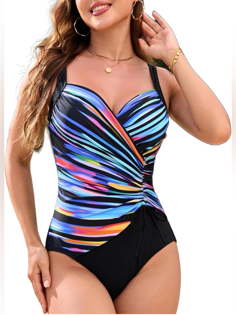 Black Multicolor Ruched One-Piece Swimsuit